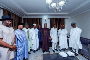 Photo News: Senator Michael Opeyemi Bamidele with other Party leaders at APC Presidential candidate, Bola Ahmed Tinubu's  Residence in Abuja before the unveiling of Senator Kashim Shettima as the Vice Presidential Candidate on Wednesday, 20th July 2022 in Abuja. [adrotate banner=