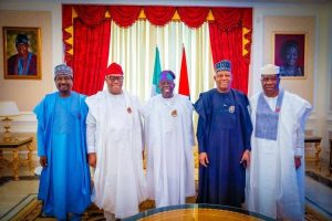 Photo News: President Bola Tinubu with L-R: Deputy Senate President, Barau Jibrin, Senate President Godswill Akpabio, Vice President Kashim Shettima and Senate Leader, Michael Opeyemi Bamidele when the leadership of the National Assembly paid a new year homage to the President at his Ikoyi residence in Lagos.